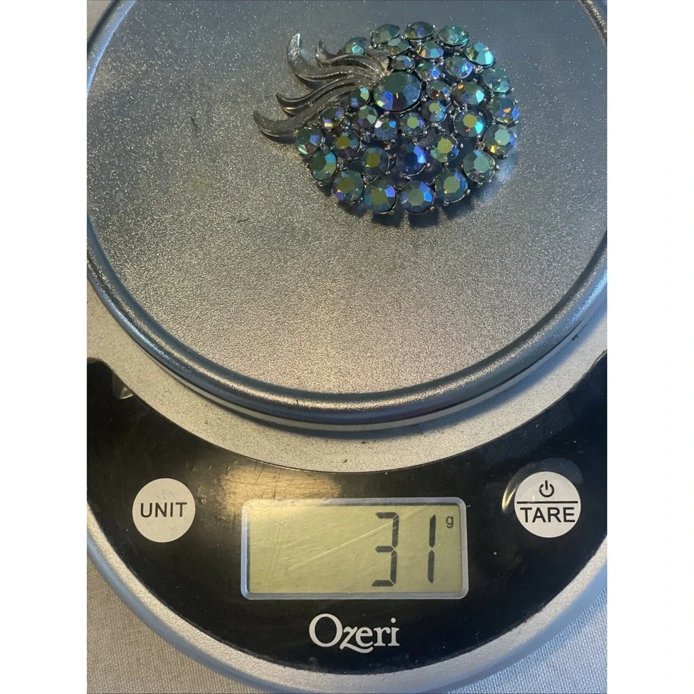 Vintage Aurora Borealis Rhinestone Brooch Silver Tone Mid Century Costume Signed